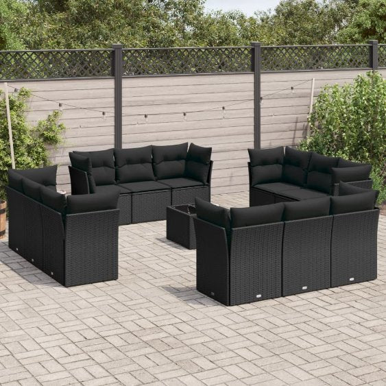vidaXL 12-tlg. Garten-Sofagarnitur mit Kissen Schwarz Poly Rattan