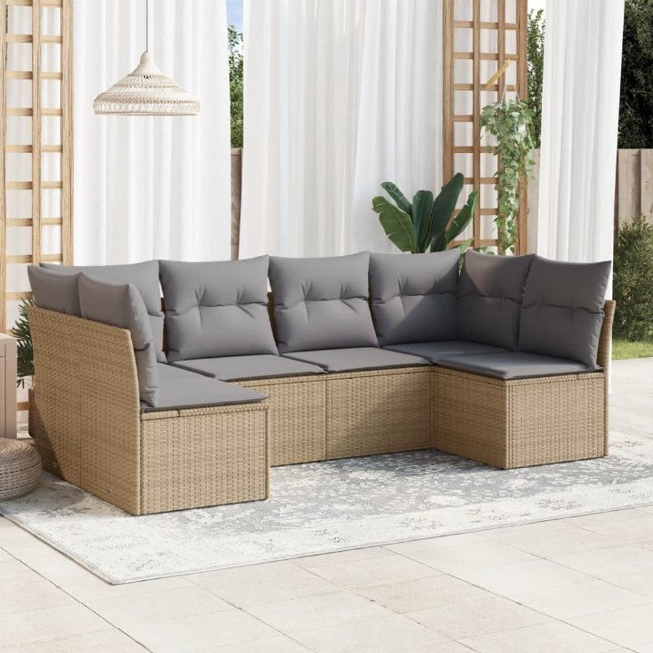 6-tlg. Garten-Sofagarnitur mit Kissen Schwarz Poly Rattan