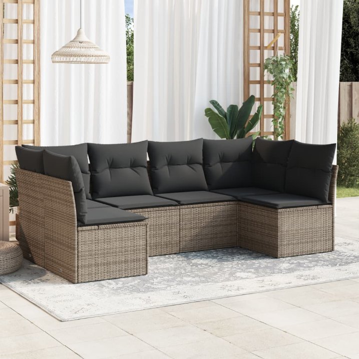 6-tlg. Garten-Sofagarnitur mit Kissen Schwarz Poly Rattan