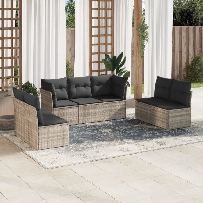 7-tlg. Garten-Sofagarnitur mit Kissen Schwarz Poly Rattan