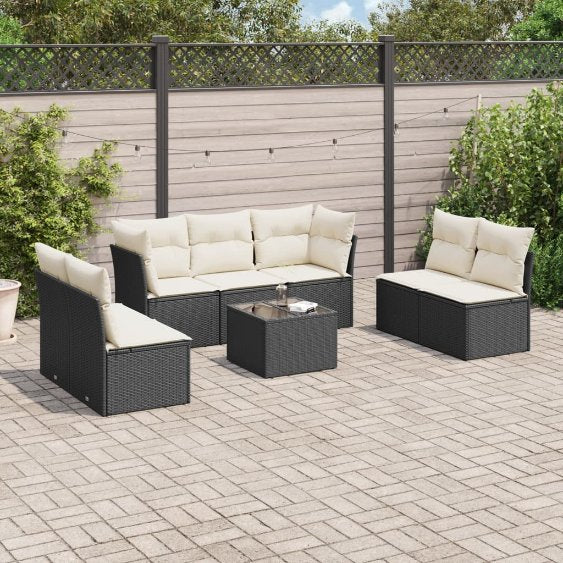 7-tlg. Garten-Sofagarnitur mit Kissen Schwarz Poly Rattan