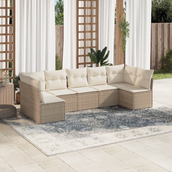 7-tlg. Garten-Sofagarnitur mit Kissen Schwarz Poly Rattan