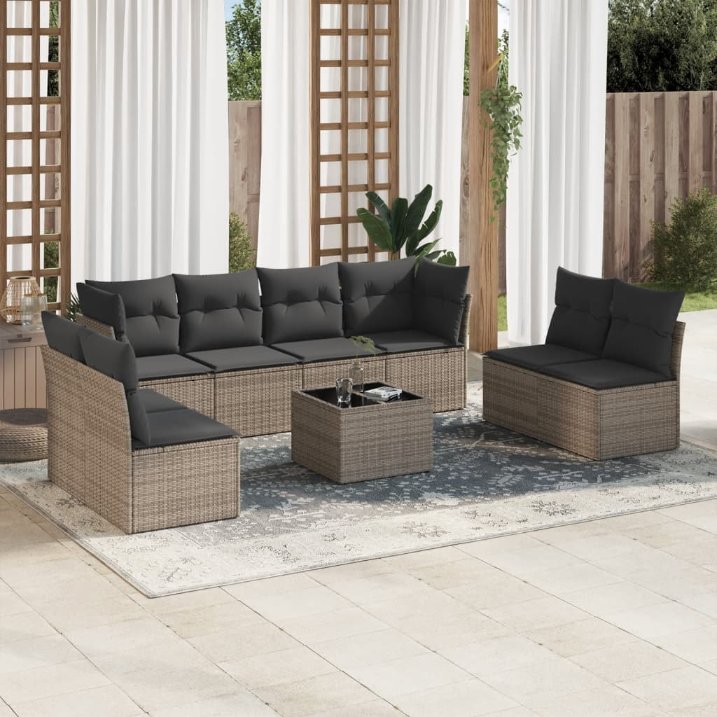 8-tlg. Garten-Sofagarnitur mit Kissen Schwarz Poly Rattan