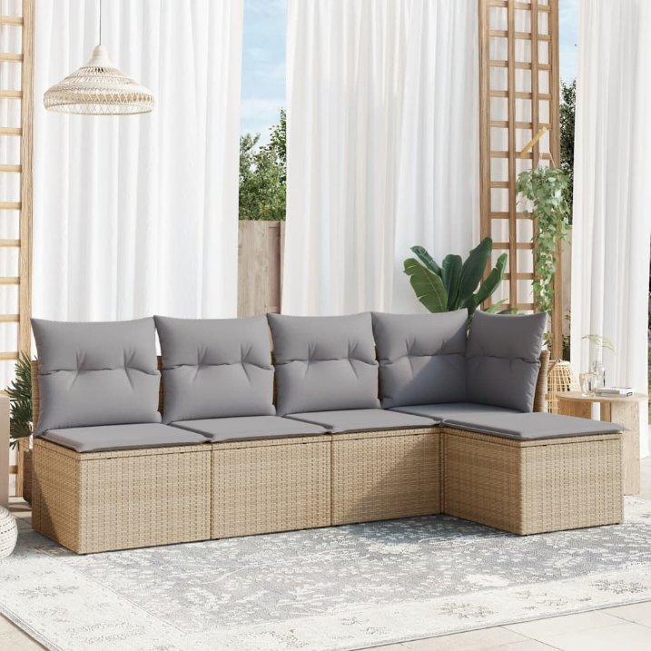 5-tlg. Garten-Sofagarnitur mit Kissen Schwarz Poly Rattan