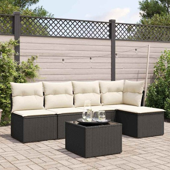 5-tlg. Garten-Sofagarnitur mit Kissen Schwarz Poly Rattan