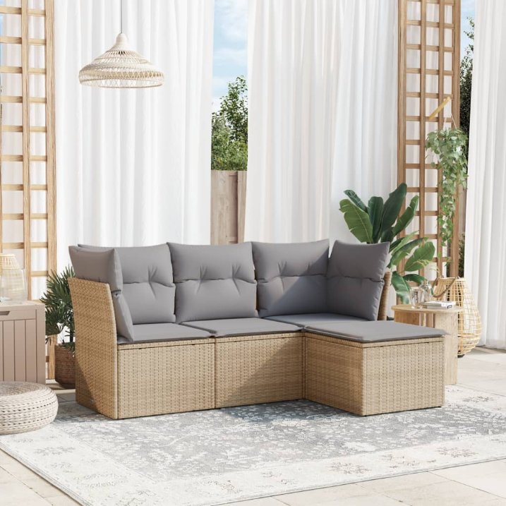 4-tlg. Garten-Sofagarnitur mit Kissen Schwarz Poly Rattan