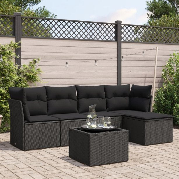 5-tlg. Garten-Sofagarnitur mit Kissen Schwarz Poly Rattan