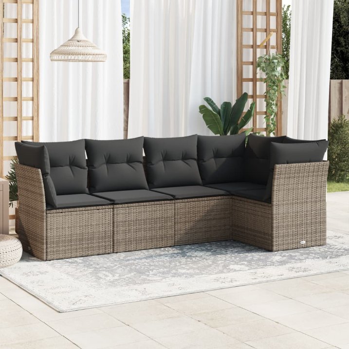 5-tlg. Garten-Sofagarnitur mit Kissen Schwarz Poly Rattan