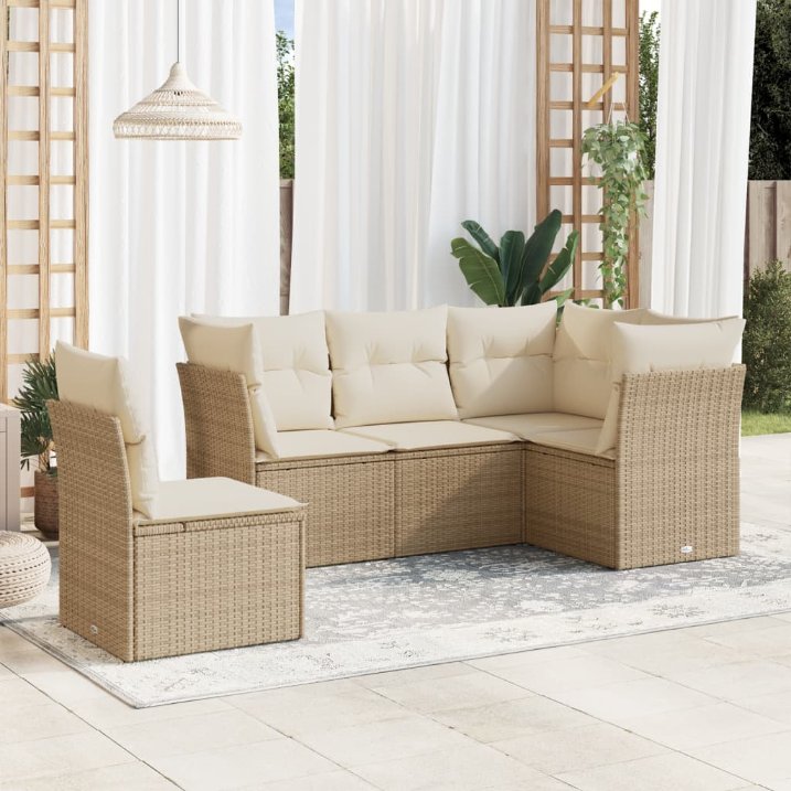 5-tlg. Garten-Sofagarnitur mit Kissen Schwarz Poly Rattan