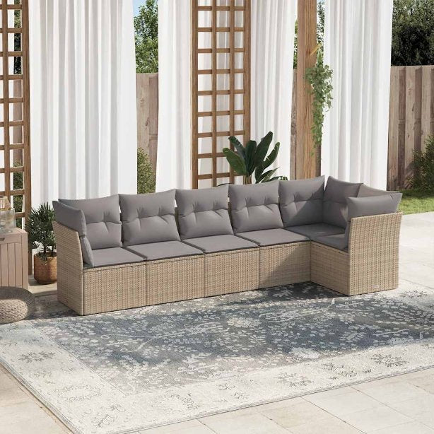 6-tlg. Garten-Sofagarnitur mit Kissen Schwarz Poly Rattan