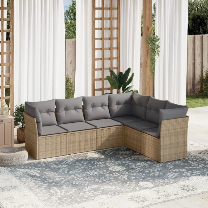 6-tlg. Garten-Sofagarnitur mit Kissen Schwarz Poly Rattan