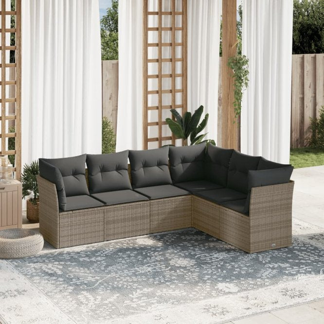 6-tlg. Garten-Sofagarnitur mit Kissen Schwarz Poly Rattan
