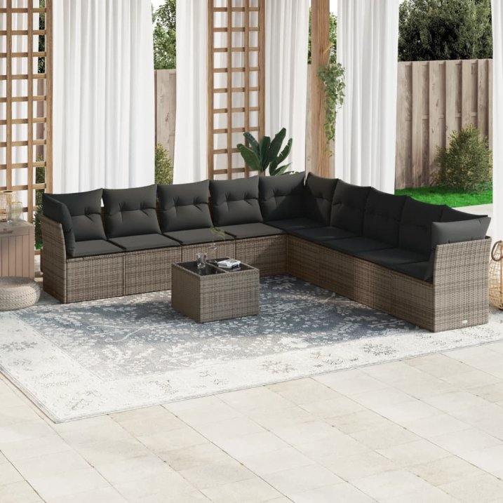 9-tlg. Garten-Sofagarnitur mit Kissen Schwarz Poly Rattan
