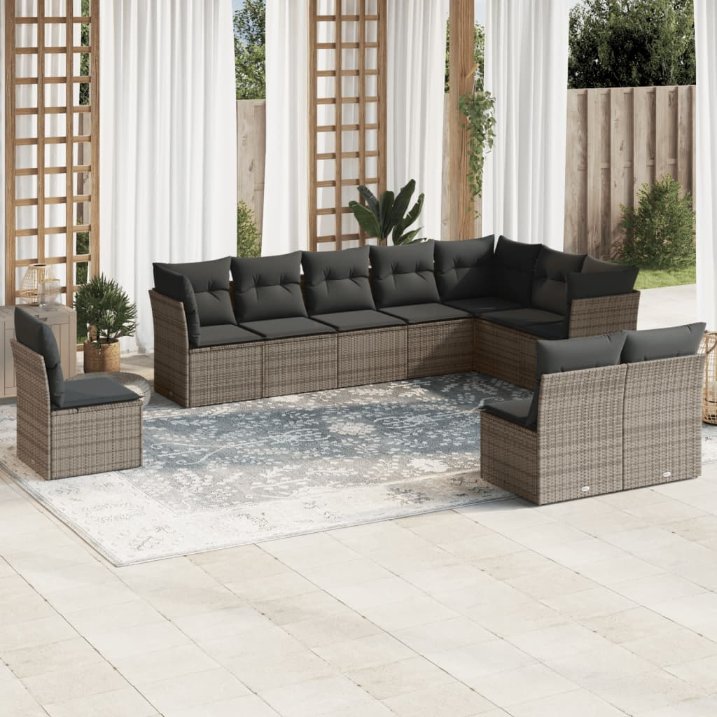 vidaXL 10-tlg. Garten-Sofagarnitur mit Kissen Schwarz Poly Rattan