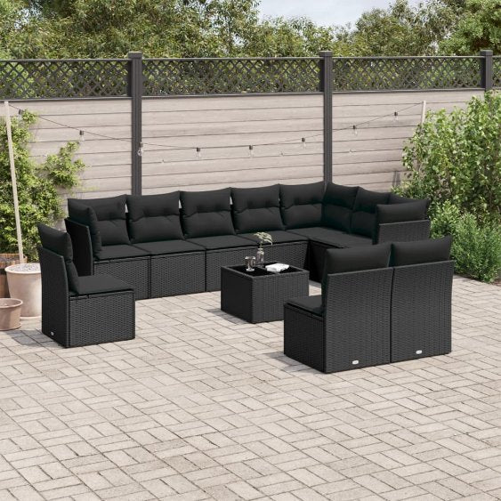 vidaXL 10-tlg. Garten-Sofagarnitur mit Kissen Schwarz Poly Rattan