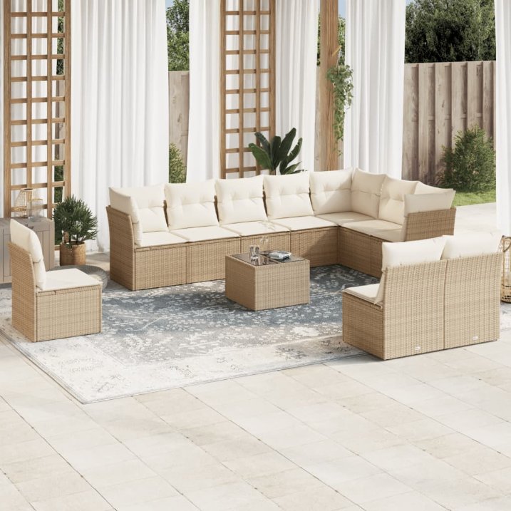 vidaXL 10-tlg. Garten-Sofagarnitur mit Kissen Schwarz Poly Rattan