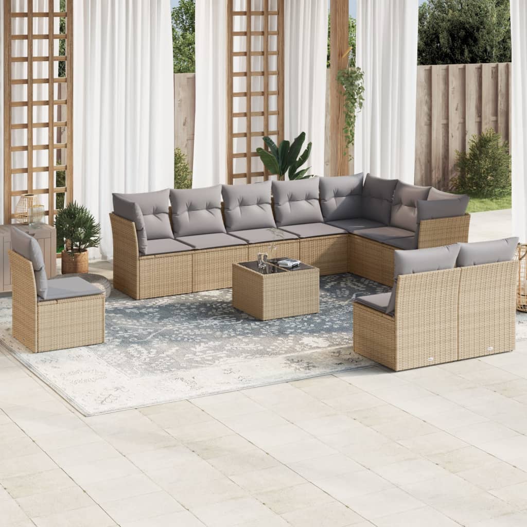 vidaXL 10-tlg. Garten-Sofagarnitur mit Kissen Schwarz Poly Rattan