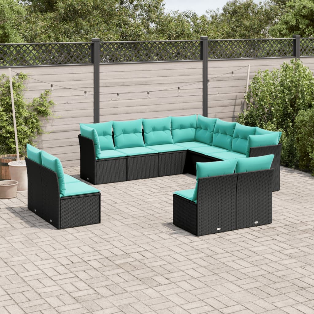 vidaXL 11-teiliges Gartensofa-Set mit Kissen, schwarzes Polyrattan