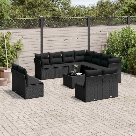 vidaXL 11-tlg. Garten-Sofagarnitur mit Kissen Schwarz Poly Rattan