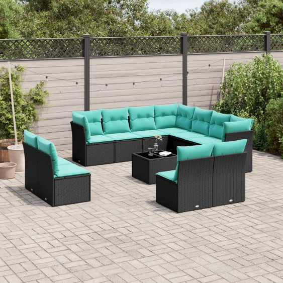 vidaXL 11-teiliges Gartensofa-Set mit Kissen, schwarzes Polyrattan