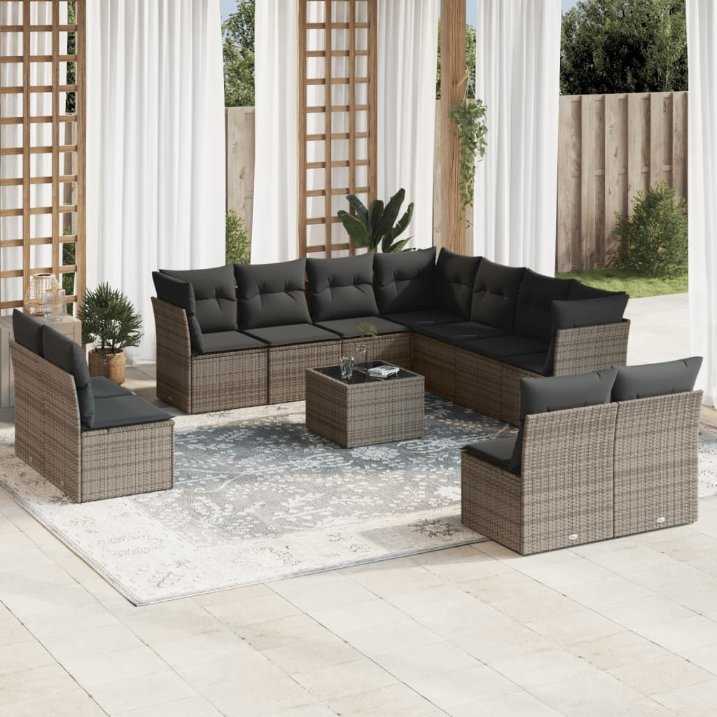 vidaXL 11-tlg. Garten-Sofagarnitur mit Kissen Schwarz Poly Rattan