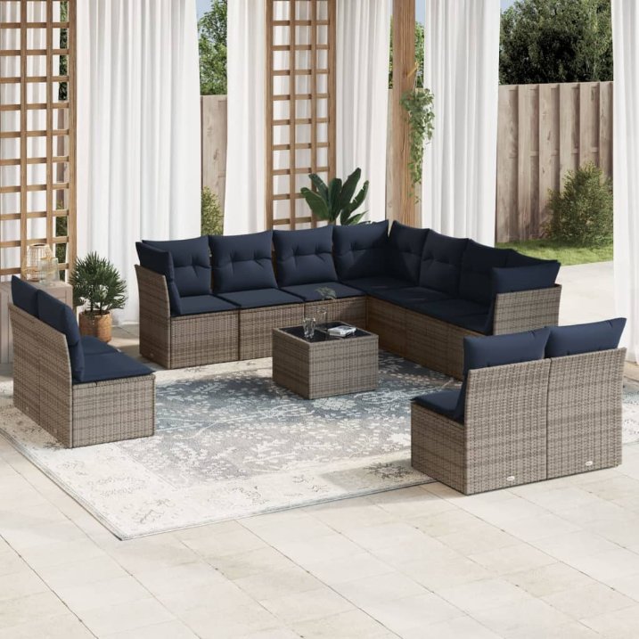 vidaXL 11-teiliges Gartensofa-Set mit Kissen, schwarzes Polyrattan