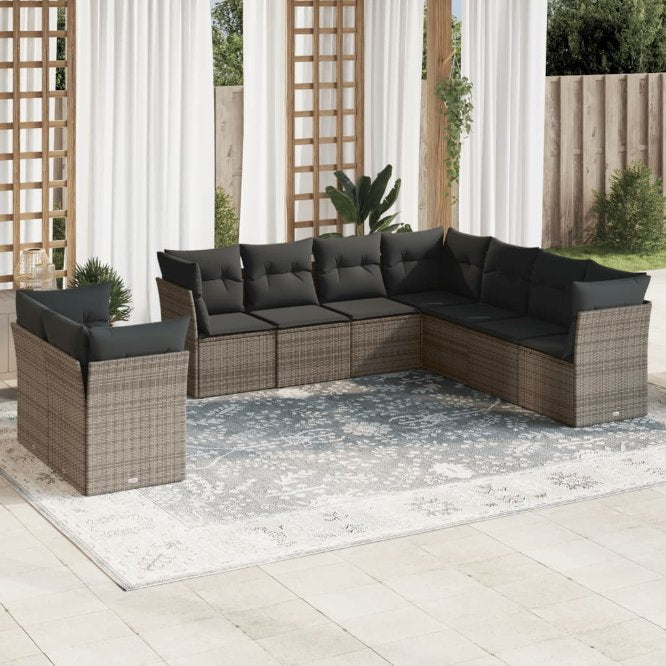 9-tlg. Garten-Sofagarnitur mit Kissen Schwarz Poly Rattan