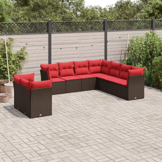9-teiliges Gartensofa-Set mit Kissen, schwarzes Polyrattan