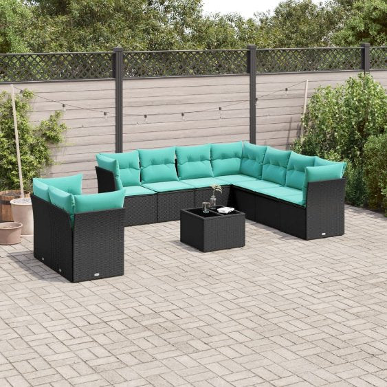 9-teiliges Gartensofa-Set mit Kissen, schwarzes Polyrattan