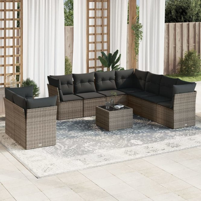 9-tlg. Garten-Sofagarnitur mit Kissen Schwarz Poly Rattan