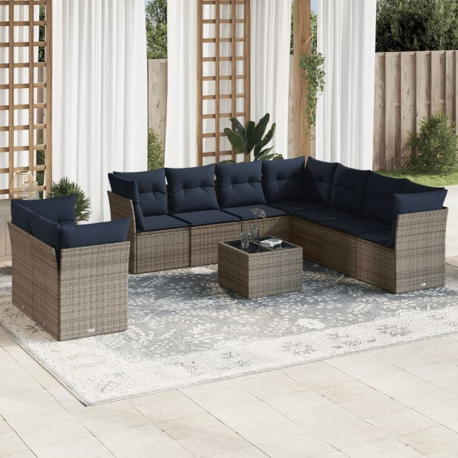 9-teiliges Gartensofa-Set mit Kissen, schwarzes Polyrattan