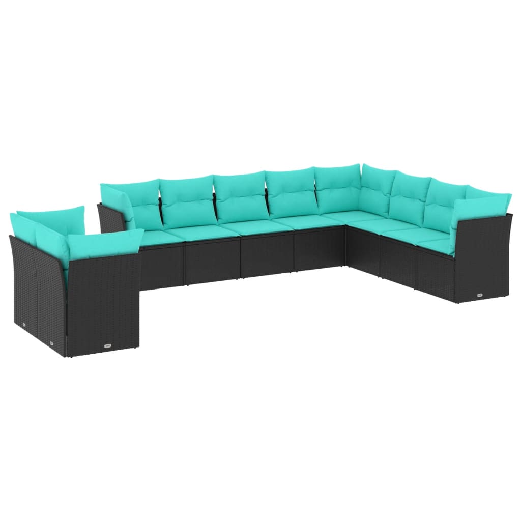 vidaXL 10-teiliges Gartensofa-Set mit Kissen, schwarzes Polyrattan
