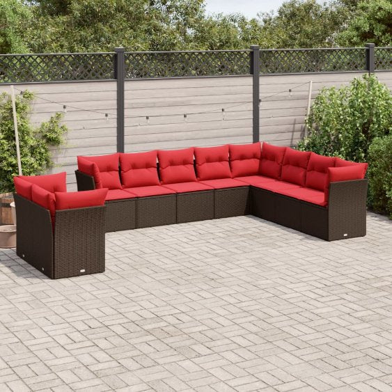 vidaXL 10-teiliges Gartensofa-Set mit Kissen, schwarzes Polyrattan