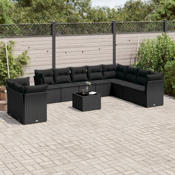 vidaXL 10-tlg. Garten-Sofagarnitur mit Kissen Schwarz Poly Rattan