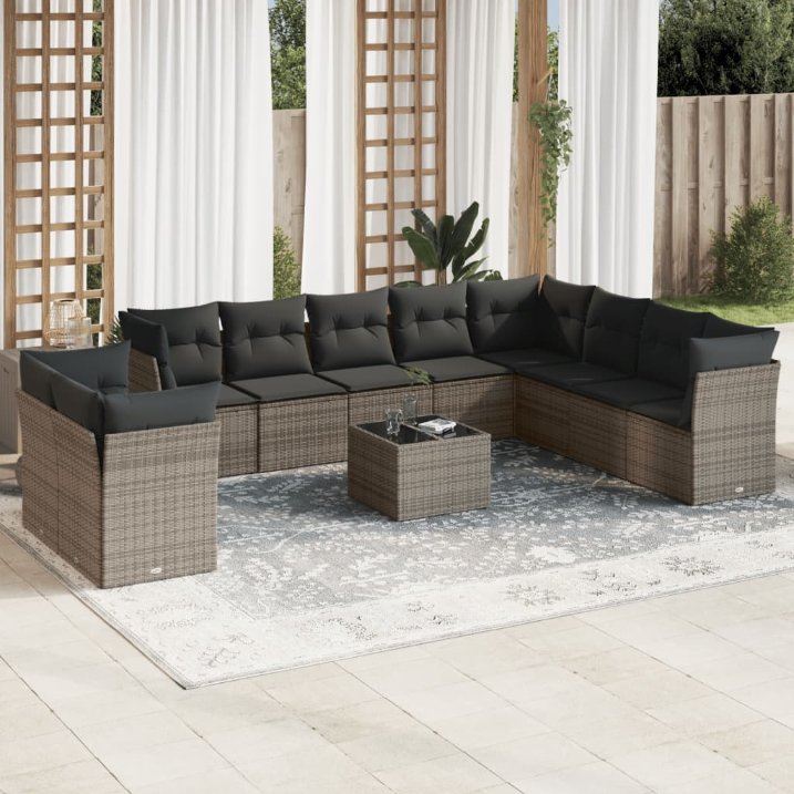 vidaXL 10-tlg. Garten-Sofagarnitur mit Kissen Schwarz Poly Rattan