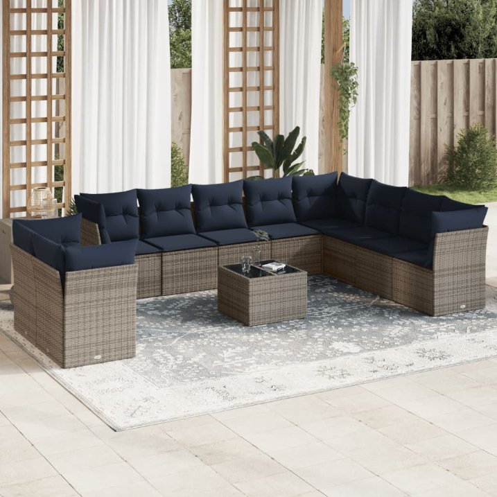 vidaXL 10-teiliges Gartensofa-Set mit Kissen, schwarzes Polyrattan