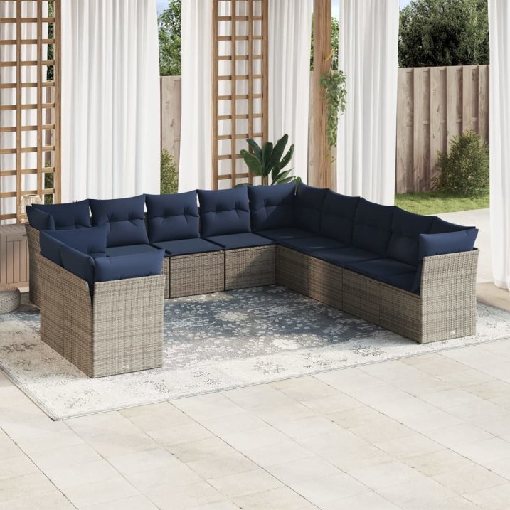 vidaXL 11-teiliges Gartensofa-Set mit Kissen, schwarzes Polyrattan