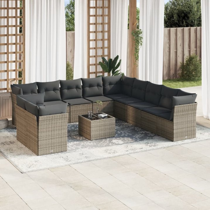 vidaXL 11-tlg. Garten-Sofagarnitur mit Kissen Schwarz Poly Rattan