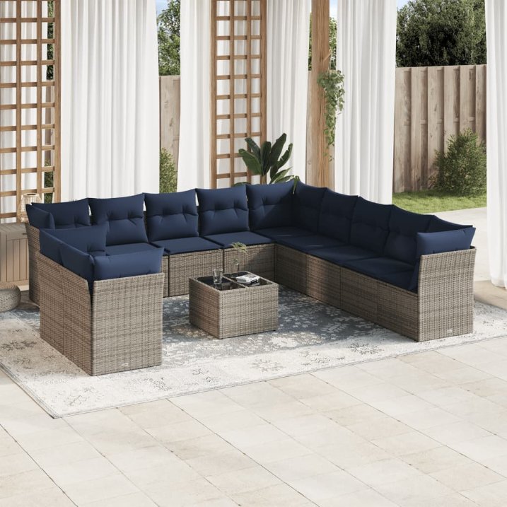vidaXL 11-teiliges Gartensofa-Set mit Kissen, schwarzes Polyrattan