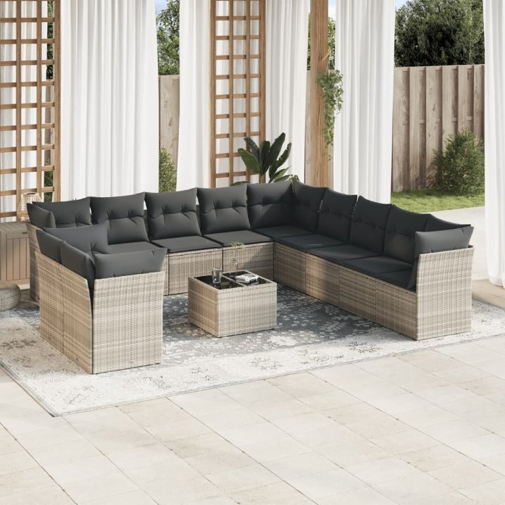 vidaXL 11-tlg. Garten-Sofagarnitur mit Kissen Schwarz Poly Rattan