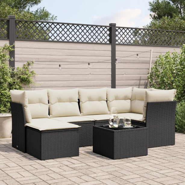 6-tlg. Garten-Sofagarnitur mit Kissen Schwarz Poly Rattan