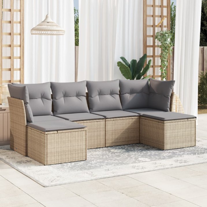 6-tlg. Garten-Sofagarnitur mit Kissen Schwarz Poly Rattan
