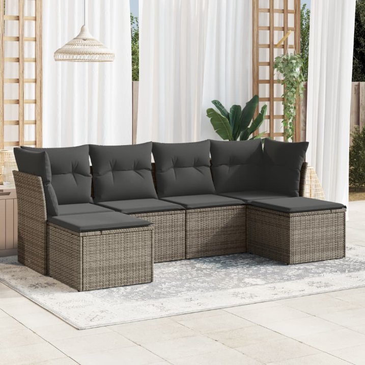 6-tlg. Garten-Sofagarnitur mit Kissen Schwarz Poly Rattan