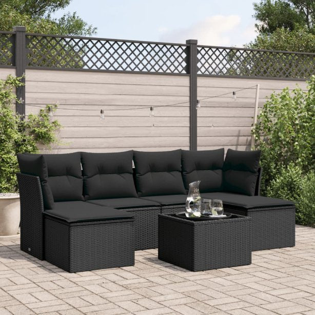 6-tlg. Garten-Sofagarnitur mit Kissen Schwarz Poly Rattan