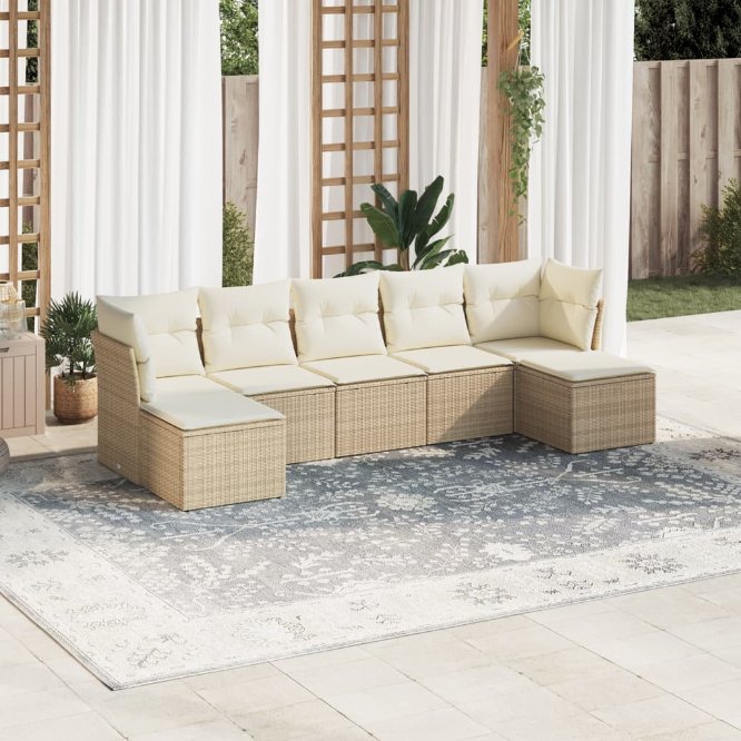 7-tlg. Garten-Sofagarnitur mit Kissen Schwarz Poly Rattan