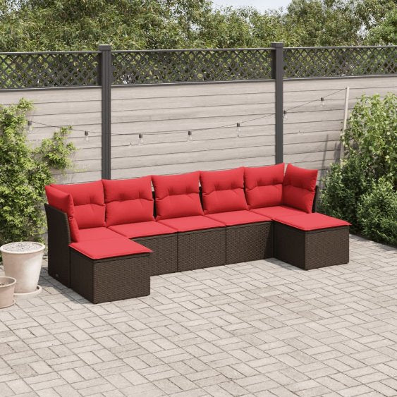 7-teiliges Gartensofa-Set mit Kissen, schwarzes Polyrattan