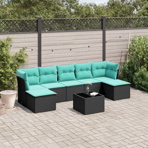 7-teiliges Gartensofa-Set mit Kissen, schwarzes Polyrattan