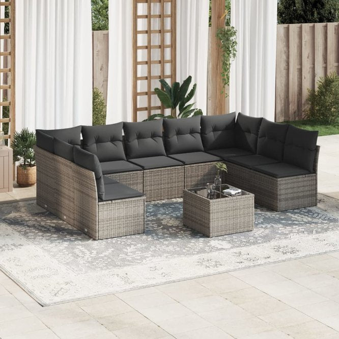 9-tlg. Garten-Sofagarnitur mit Kissen Schwarz Poly Rattan