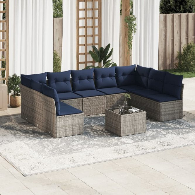 9-teiliges Gartensofa-Set mit Kissen, schwarzes Polyrattan