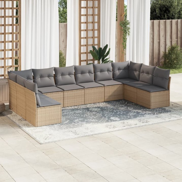vidaXL 10-tlg. Garten-Sofagarnitur mit Kissen Schwarz Poly Rattan